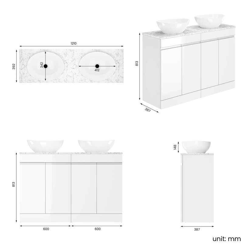 Trent Gloss White Double Vanity with Marble Top & Oval Counter Top Basin 1200mm