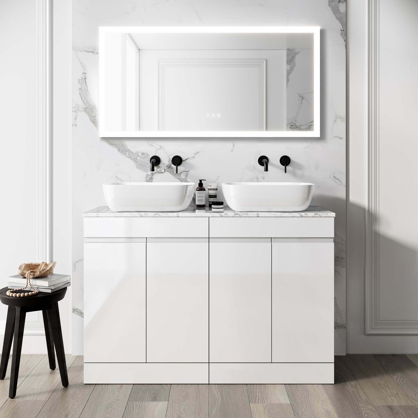 Trent Gloss White Double Vanity with Marble Top & Curved Counter Top Basin 1200mm