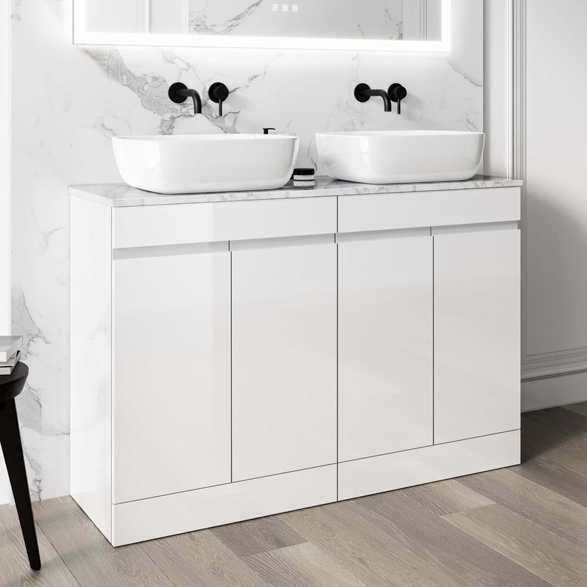 Trent Gloss White Double Vanity with Marble Top & Curved Counter Top Basin 1200mm