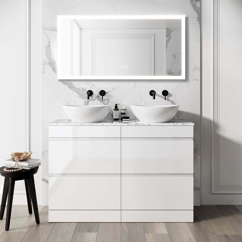 Trent Gloss White Double Vanity Drawer with Marble Top & Oval Counter Top Basin 1200mm