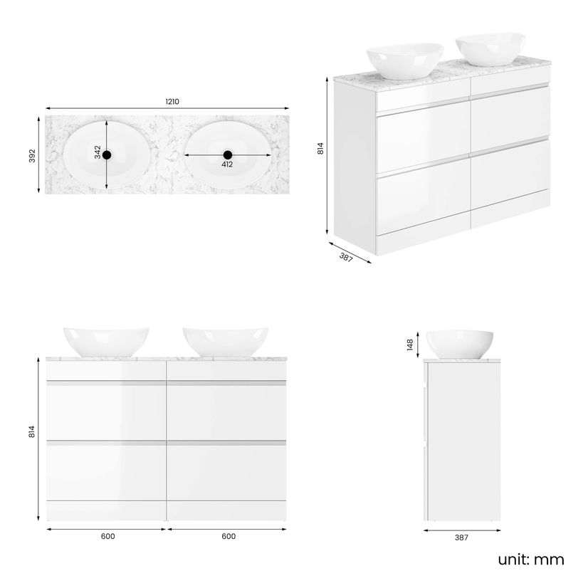 Trent Gloss White Double Vanity Drawer with Marble Top & Oval Counter Top Basin 1200mm
