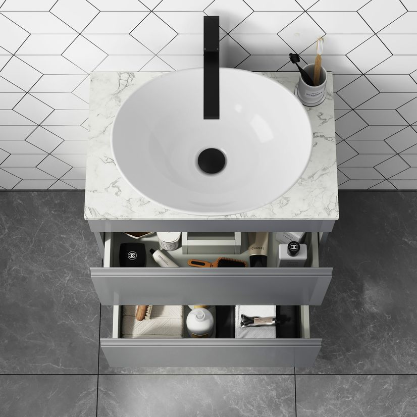 Trent Stone Grey Vanity Drawer with Marble Top & Oval Counter Top Basin 600mm