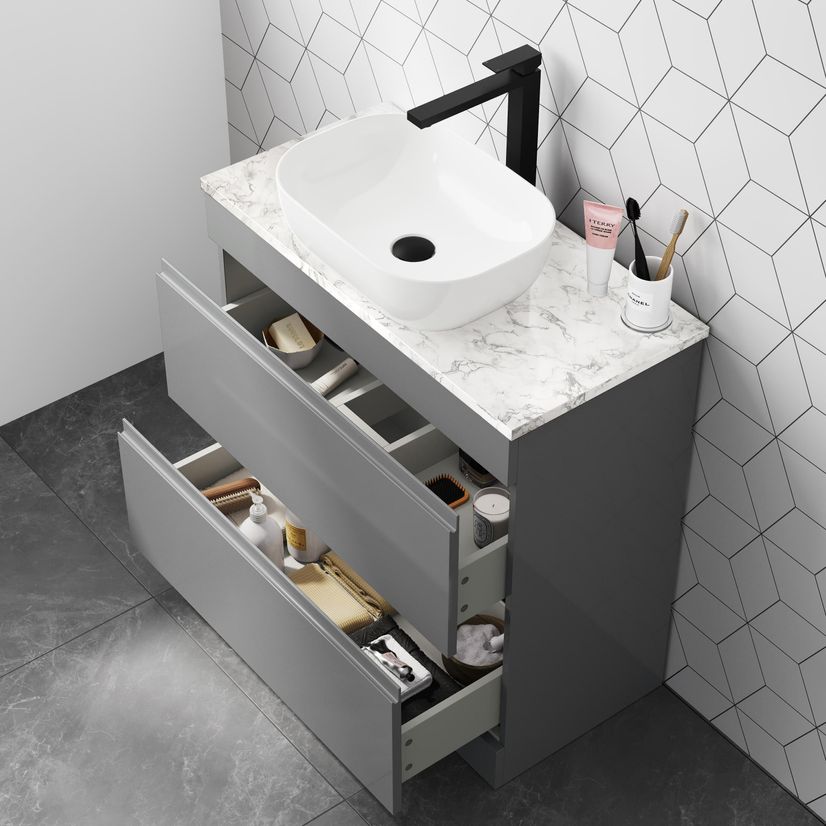 Trent Stone Grey Vanity Drawer with Marble Top & Curved Counter Top Basin 800mm