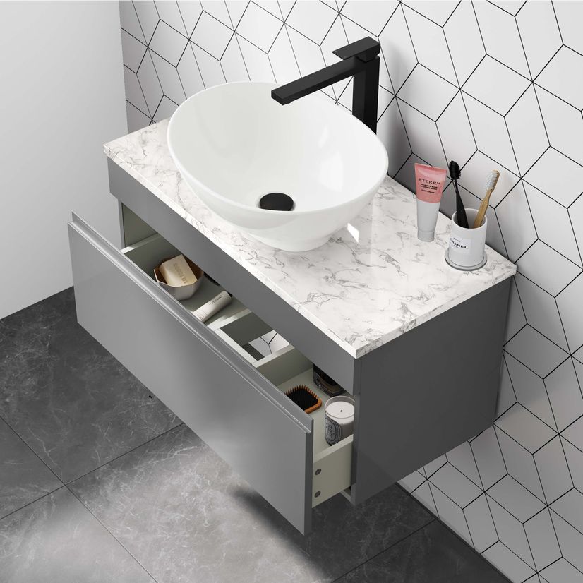 Trent Stone Grey Wall Hung Drawer Vanity with Marble Top & Oval Counter Top Basin 800mm