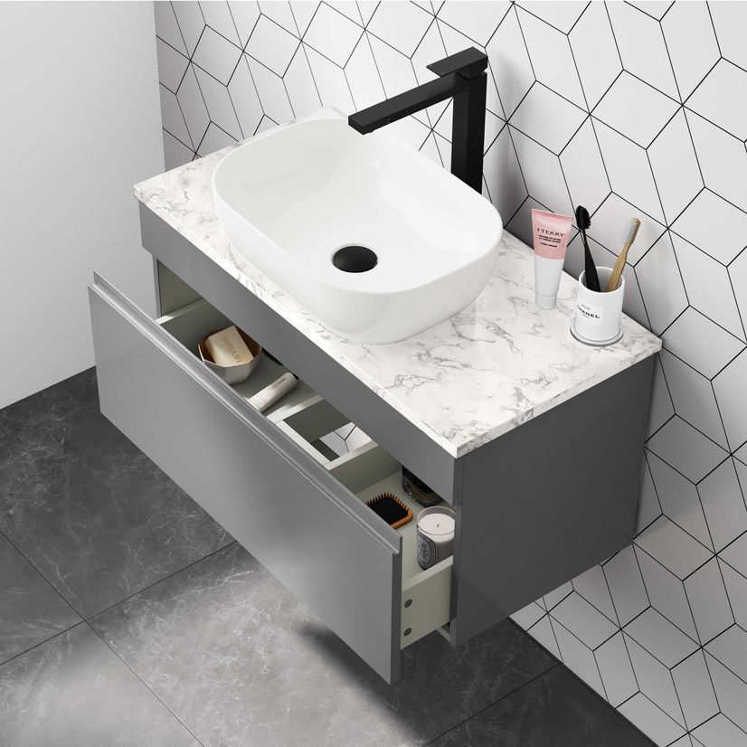 Trent Stone Grey Wall Hung Drawer Vanity with Marble Top & Curved Counter Top Basin 800mm