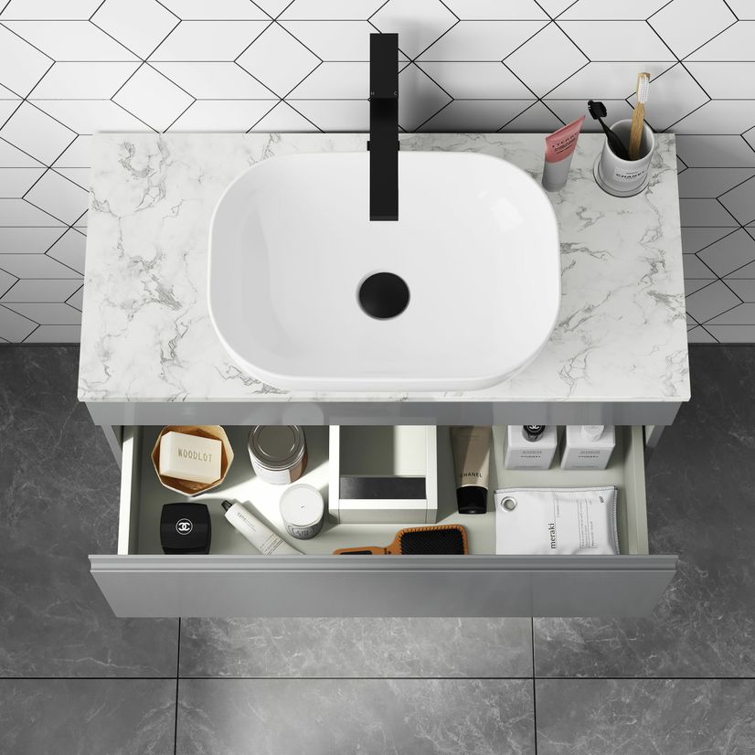 Trent Stone Grey Wall Hung Drawer Vanity with Marble Top & Curved Counter Top Basin 800mm