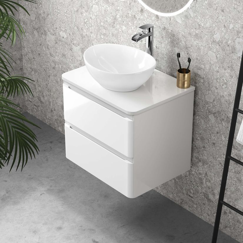 Corsica Gloss White Wall Hung Drawer Vanity with Oval Counter Top Basin 600mm
