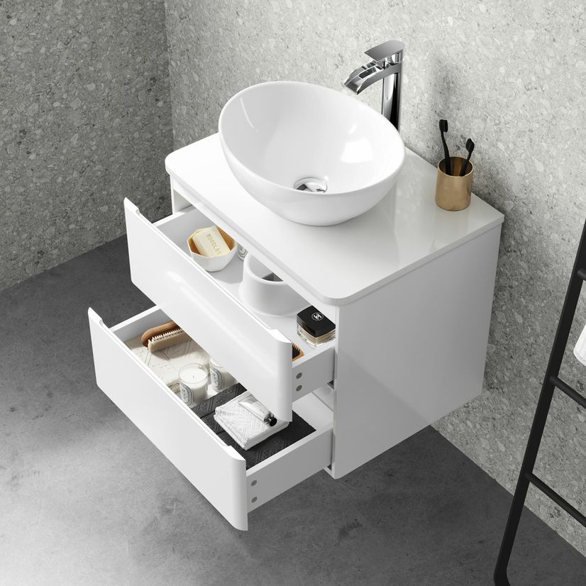 Corsica Gloss White Wall Hung Drawer Vanity with Oval Counter Top Basin 600mm