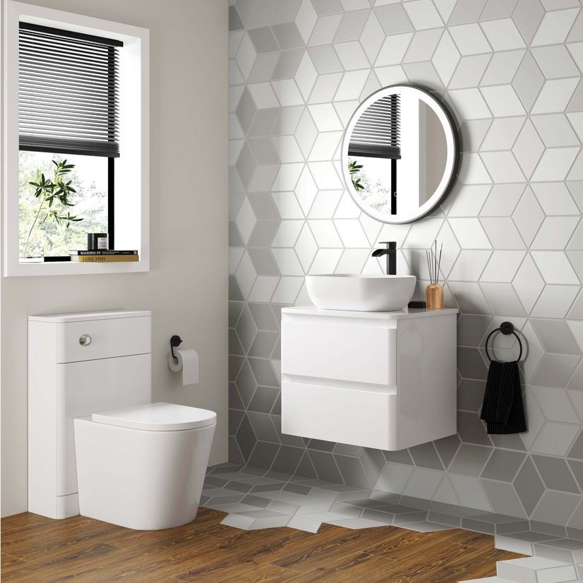 Corsica Gloss White Wall Hung Drawer Vanity with Curved Counter Top Basin 600mm