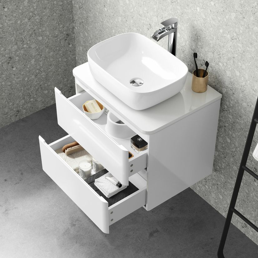Corsica Gloss White Wall Hung Drawer Vanity with Curved Counter Top Basin 600mm