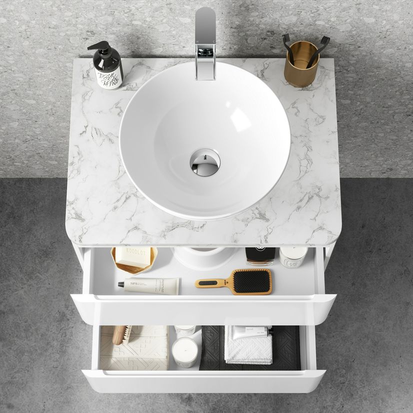 Corsica Gloss White Wall Hung Drawer Vanity with Marble Top & Round Counter Top Basin 600mm