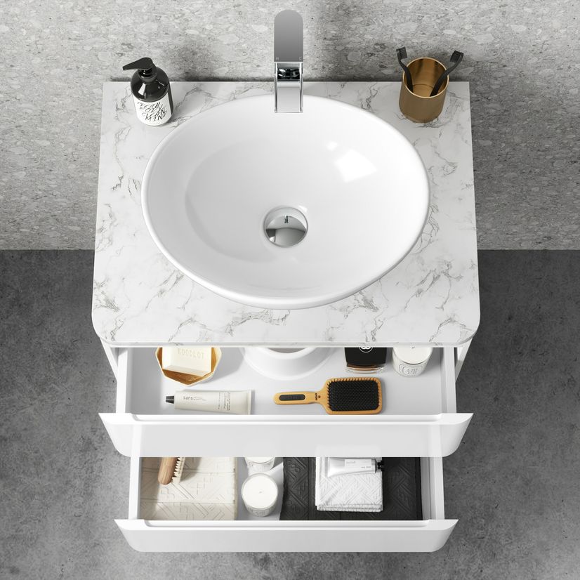 Corsica Gloss White Wall Hung Drawer Vanity with Marble Top & Oval Counter Top Basin 600mm