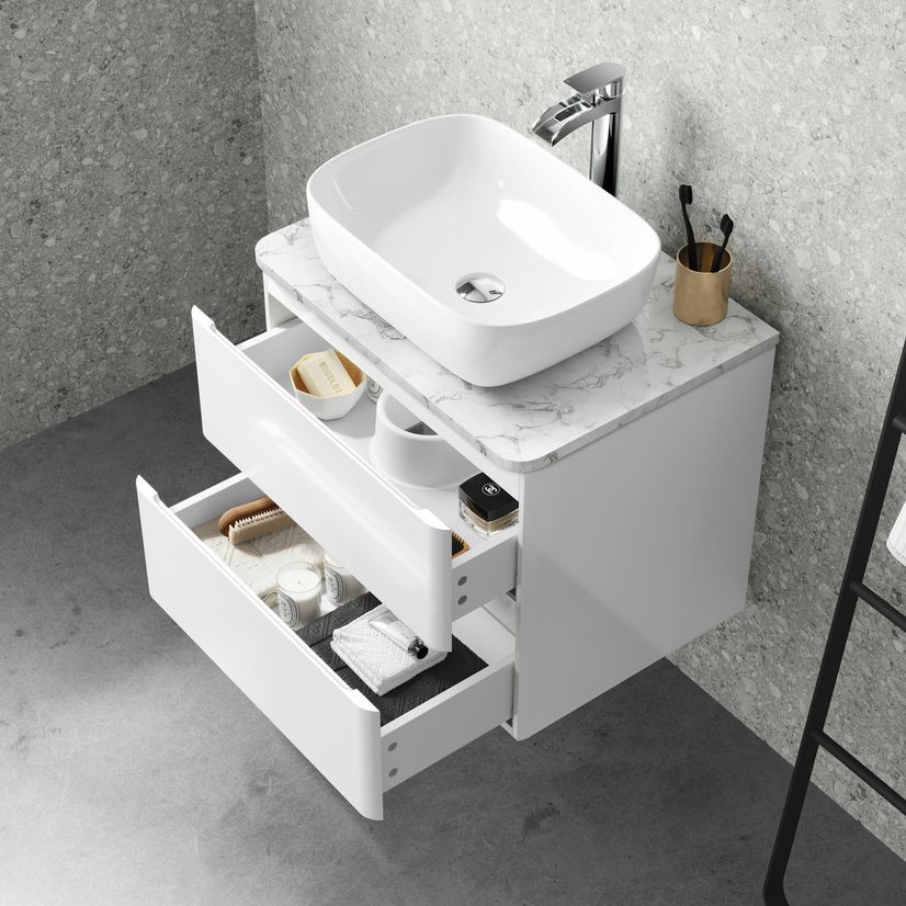 Corsica Gloss White Wall Hung Drawer Vanity with Marble Top & Curved Counter Top Basin 600mm