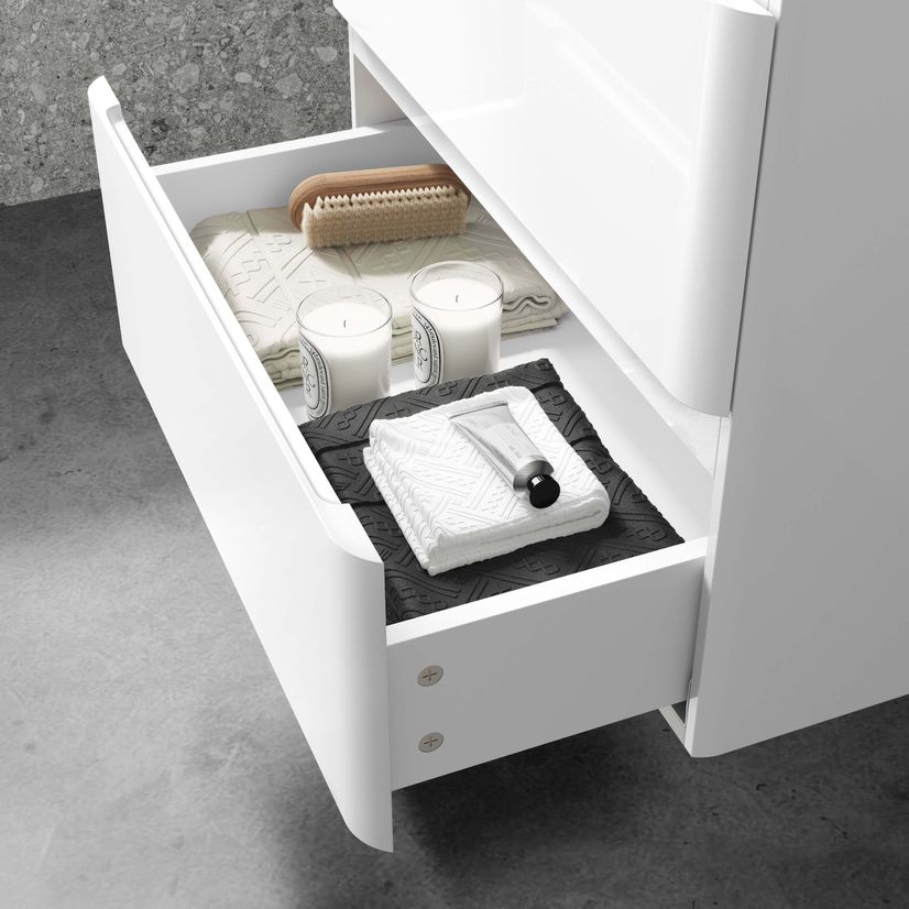 Corsica Gloss White Wall Hung Drawer Vanity with Marble Top & Curved Counter Top Basin 600mm