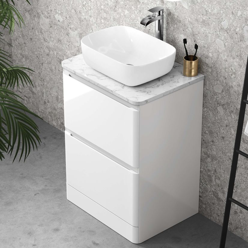 Corsica Gloss White Vanity Drawer with Marble Top & Curved Counter Top Basin 600mm