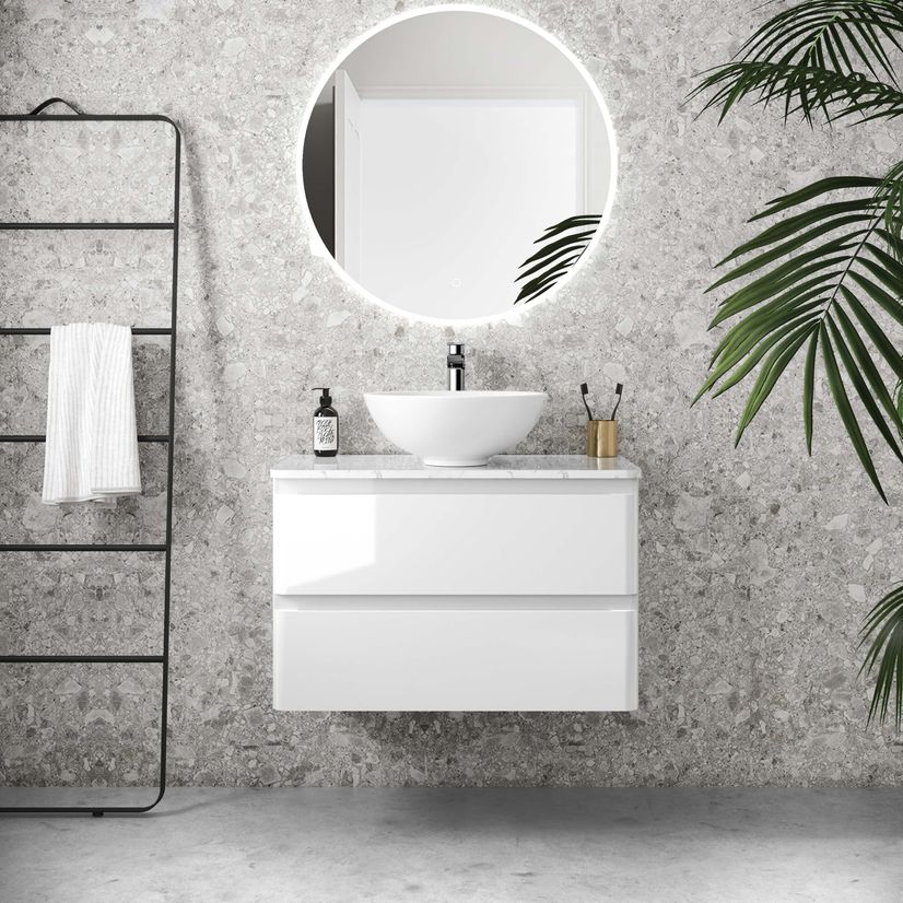 Corsica Gloss White Wall Hung Drawer Vanity with Marble Top & Round Counter Top Basin 800mm