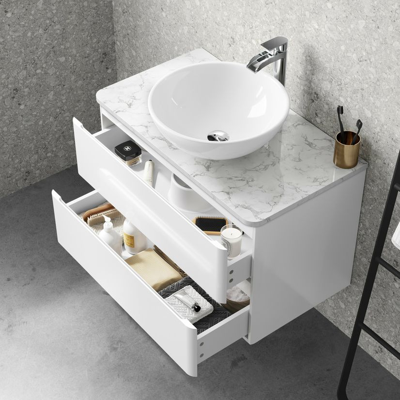 Corsica Gloss White Wall Hung Drawer Vanity with Marble Top & Round Counter Top Basin 800mm
