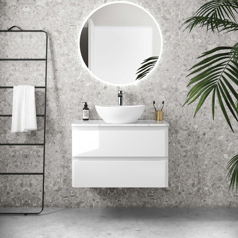 Corsica Gloss White Wall Hung Drawer Vanity with Marble Top & Oval Counter Top Basin 800mm