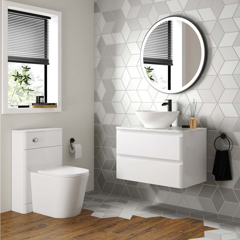 Corsica Gloss White Wall Hung Drawer Vanity with Marble Top & Oval Counter Top Basin 800mm