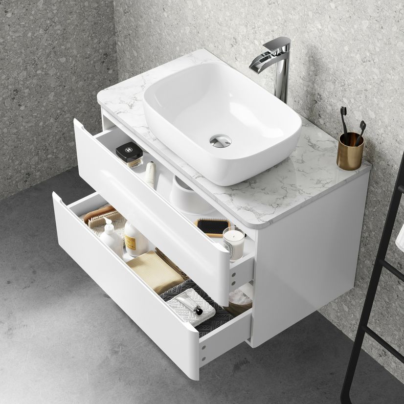 Corsica Gloss White Wall Hung Drawer Vanity with Marble Top & Curved Counter Top Basin 800mm