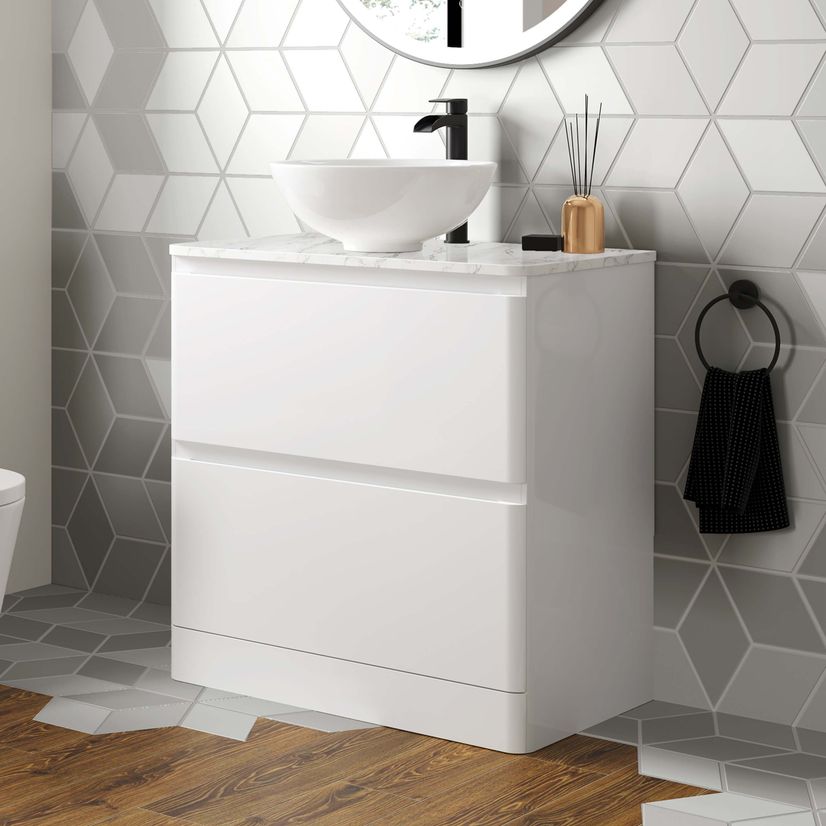 Corsica Gloss White Vanity Drawer with Marble Top & Round Counter Top Basin 800mm
