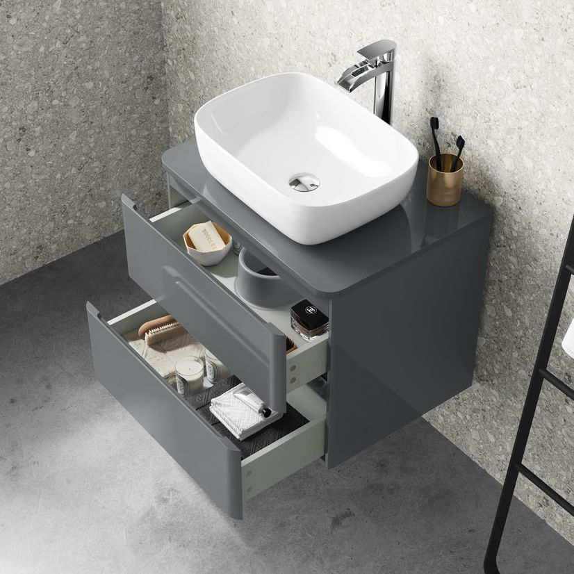 Corsica Storm Grey Wall Hung Drawer Vanity with Curved Counter Top Basin 600mm