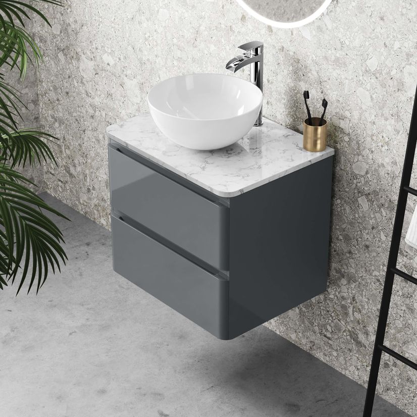 Corsica Storm Grey Wall Hung Drawer Vanity with Marble Top & Round Counter Top Basin 600mm