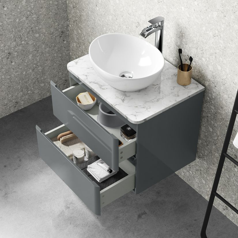 Corsica Storm Grey Wall Hung Drawer Vanity with Marble Top & Oval Counter Top Basin 600mm