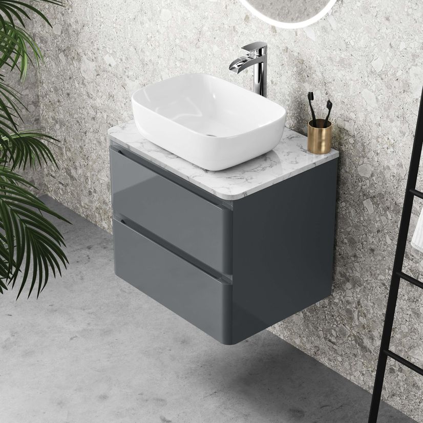 Corsica Storm Grey Wall Hung Drawer Vanity with Marble Top & Curved Counter Top Basin 600mm