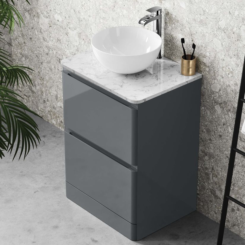 Corsica Storm Grey Vanity Drawer with Marble Top & Round Counter Top Basin 600mm