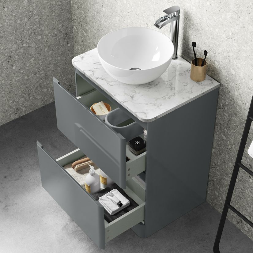 Corsica Storm Grey Vanity Drawer with Marble Top & Round Counter Top Basin 600mm