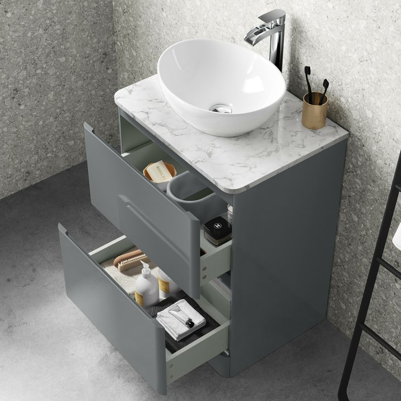 Corsica Storm Grey Vanity Drawer with Marble Top & Oval Counter Top Basin 600mm