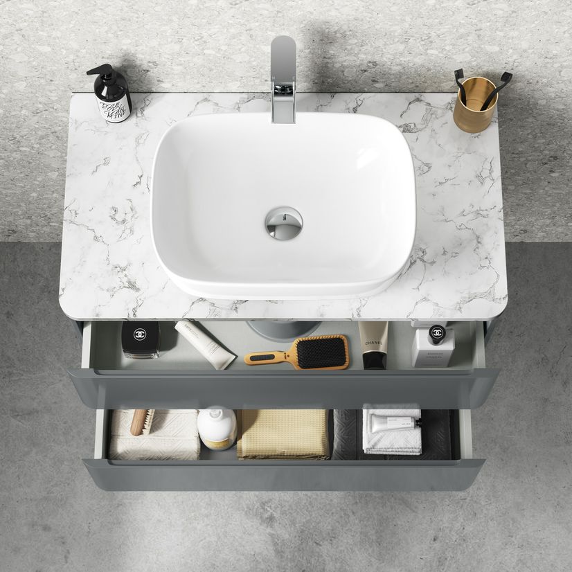 Corsica Storm Grey Wall Hung Drawer Vanity with Marble Top & Curved Counter Top Basin 800mm