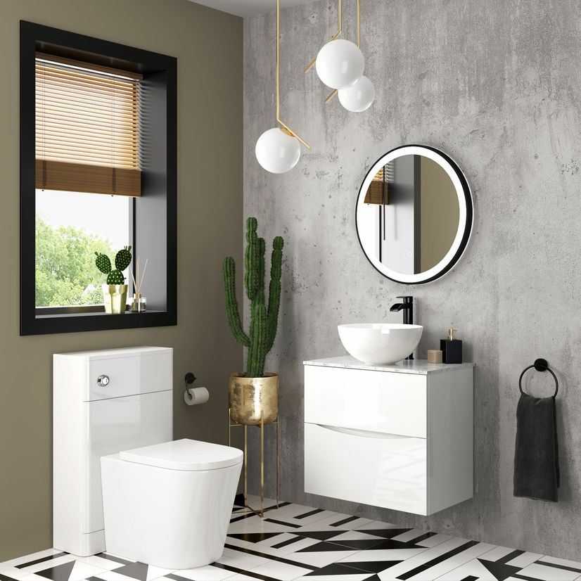 Austin Gloss White Wall Hung Drawer Vanity with Marble Top & Round Counter Top Basin 600mm