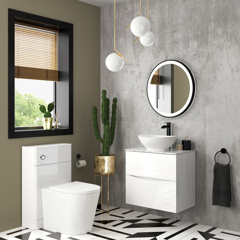 Austin Gloss White Wall Hung Drawer Vanity with Marble Top & Oval Counter Top Basin 600mm