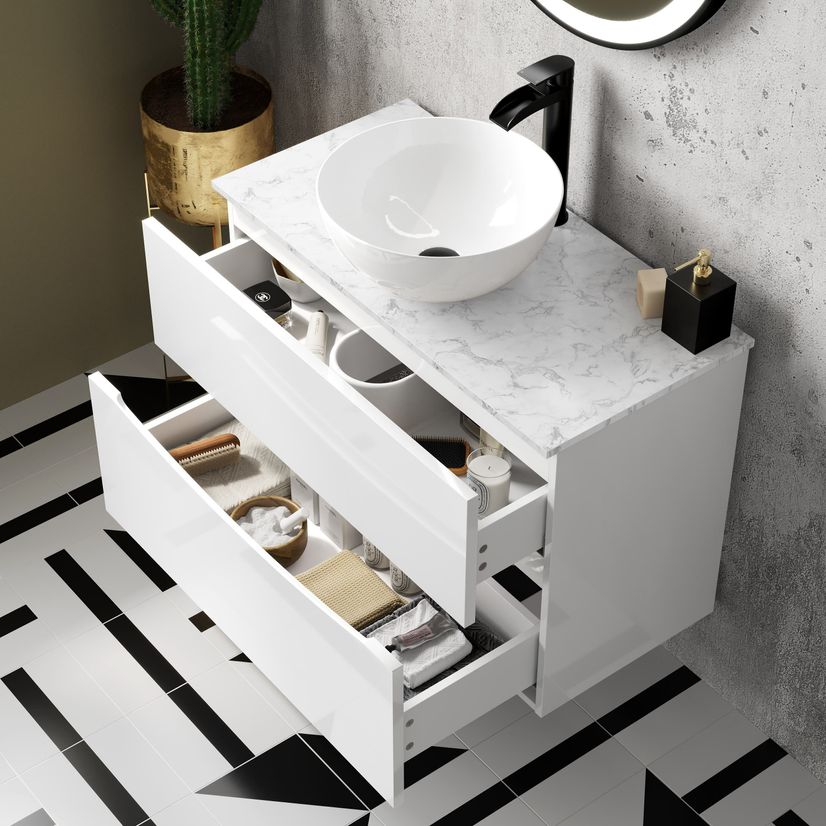 Austin Gloss White Wall Hung Drawer Vanity with Marble Top & Round Counter Top Basin 800mm