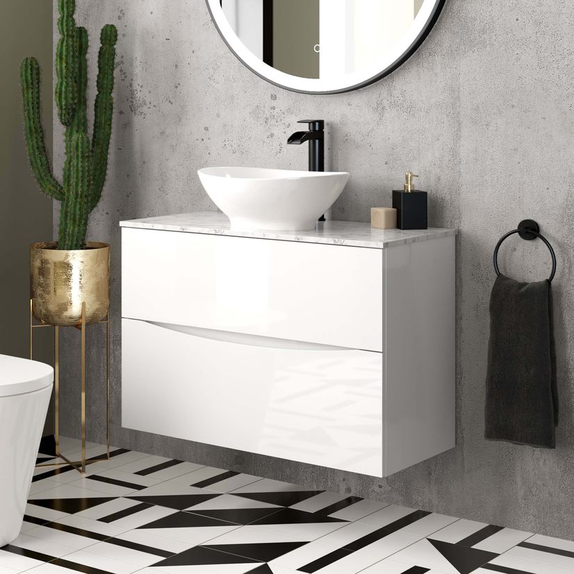 Austin Gloss White Wall Hung Drawer Vanity with Marble Top & Oval Counter Top Basin 800mm