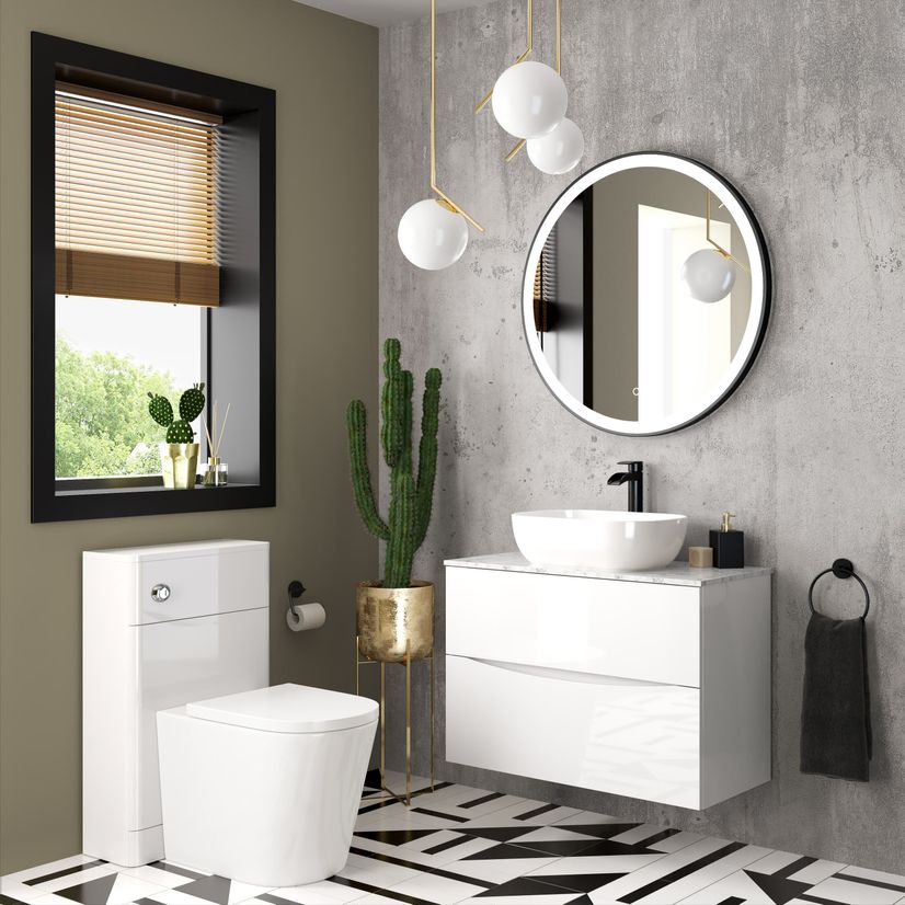 Austin Gloss White Wall Hung Drawer Vanity with Marble Top & Curved Counter Top Basin 800mm
