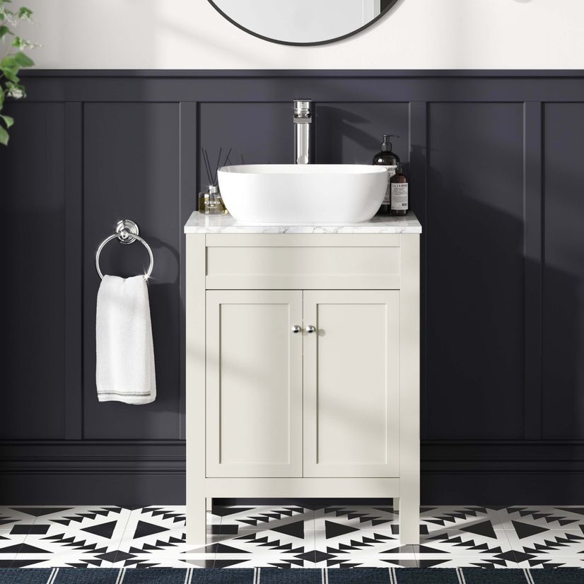 Bermuda Chalk White Vanity with Marble Top & Curved Counter Top Basin 600mm