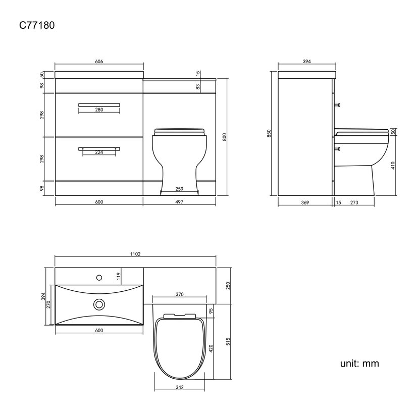 Avon Stone Grey Combination Basin Drawer and Seattle Toilet 1100mm