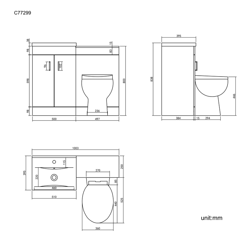 Mersey Stone Grey Combination Vanity Basin and Austin Toilet 1000mm