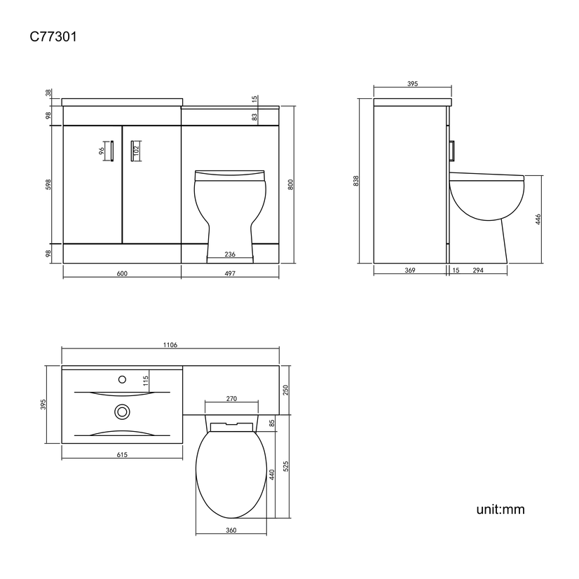 Mersey Stone Grey Combination Vanity Basin and Austin Toilet 1100mm