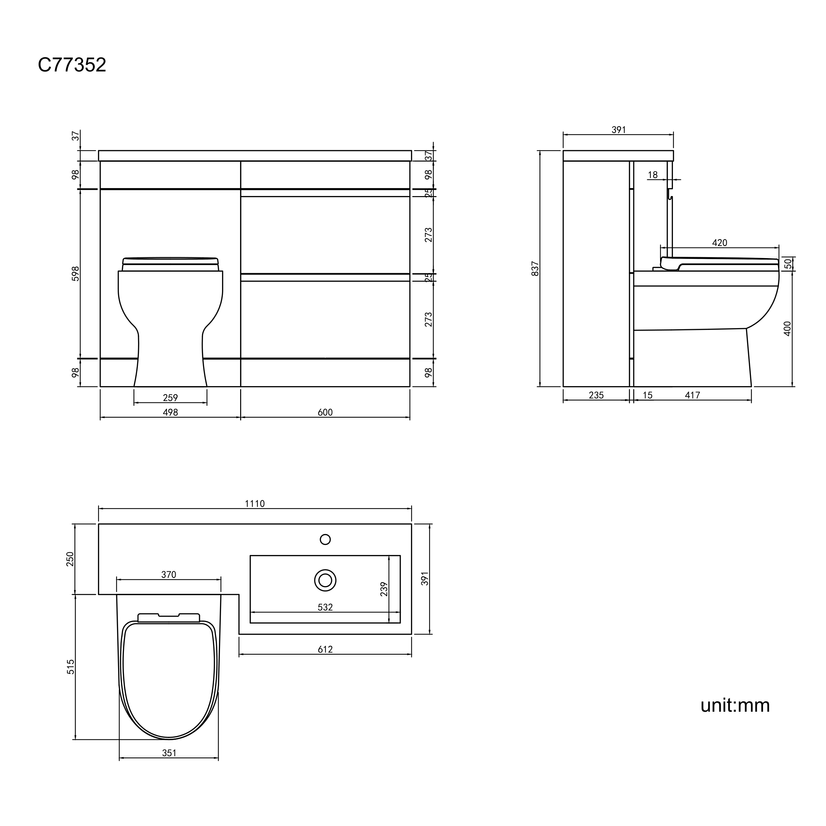 Trent Gloss White Combination Basin Drawer and Seattle Toilet 1100mm - Right Handed