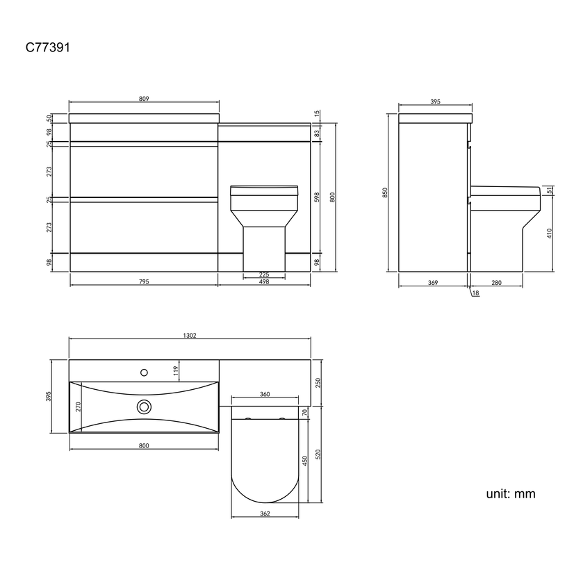 Trent Stone Grey Combination Basin Drawer and Denver Toilet 1300mm