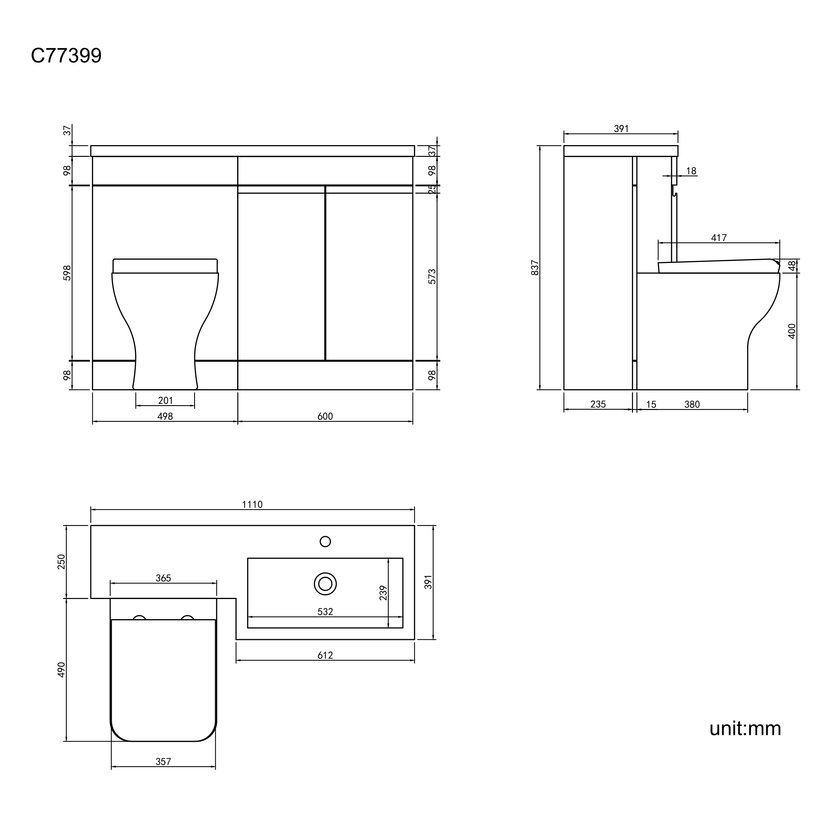 Trent Stone Grey Combination Vanity Basin and Atlanta Toilet 1100mm - Right Handed