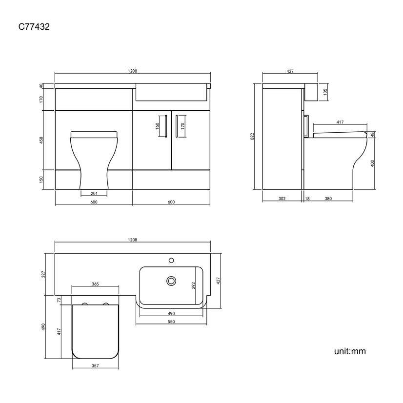 Harper Stone Grey Combination Vanity Basin and Atlanta Toilet 1200mm - Right Handed
