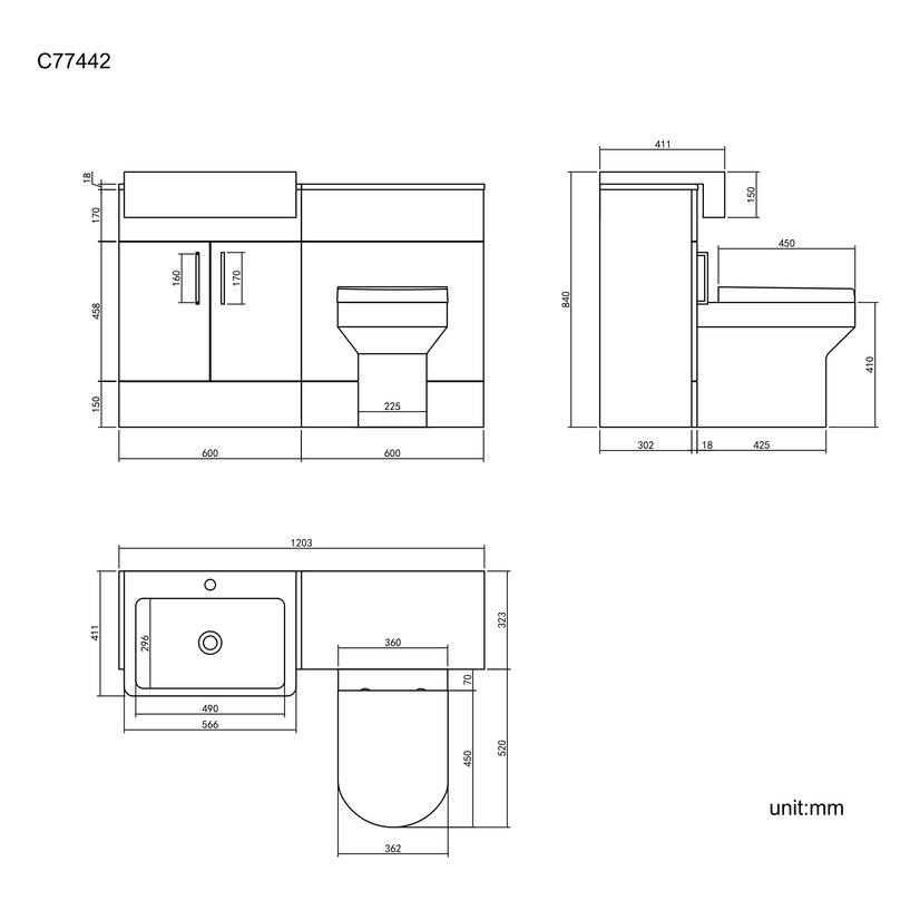 Harper Charcoal Elm Combination Vanity Basin and Denver Toilet 1200mm