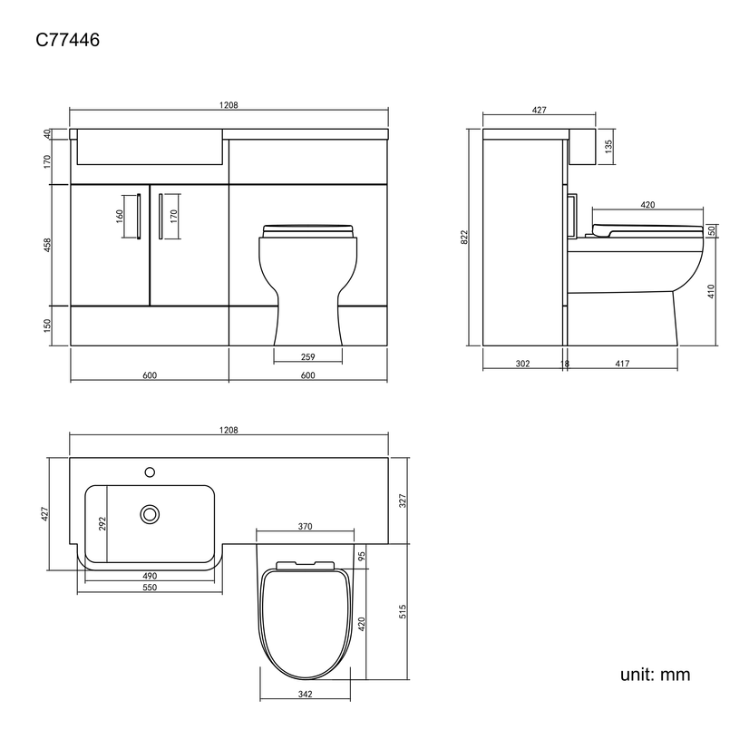 Harper Charcoal Elm Combination Vanity Basin and Seattle Toilet 1200mm - Left Handed