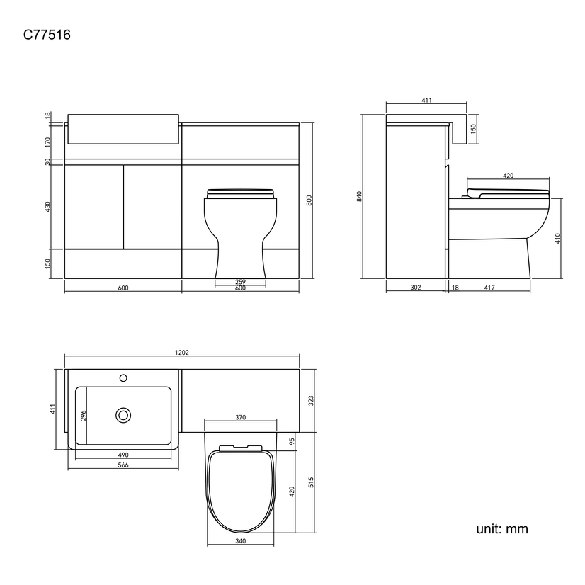 Foster Stone Grey Combination Vanity Basin and Seattle Toilet 1200mm
