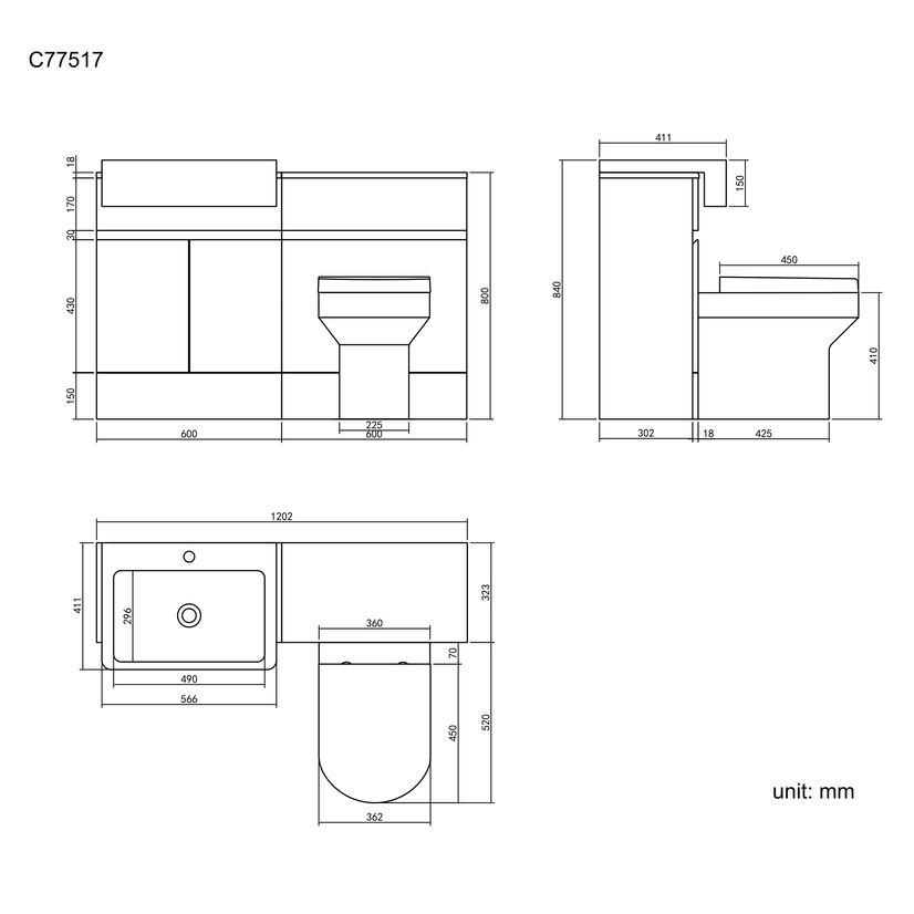 Foster Stone Grey Combination Vanity Basin and Denver Toilet 1200mm